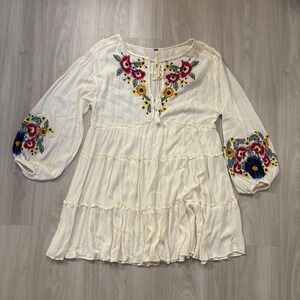 Free People Women Mini Dress Embroidered Tiered Cream Boho Festival Long Sleev S